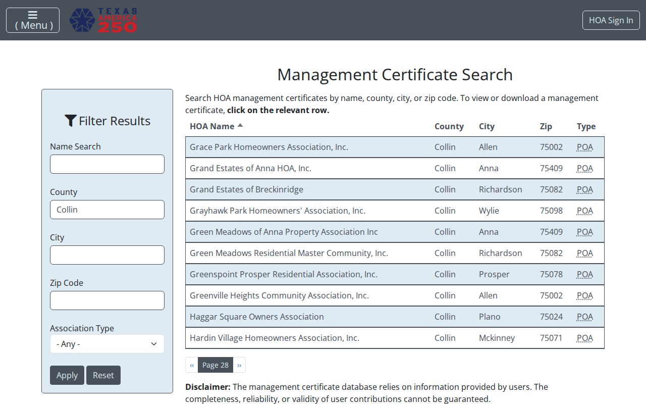 Collin County neighbors HOA management certificate search results