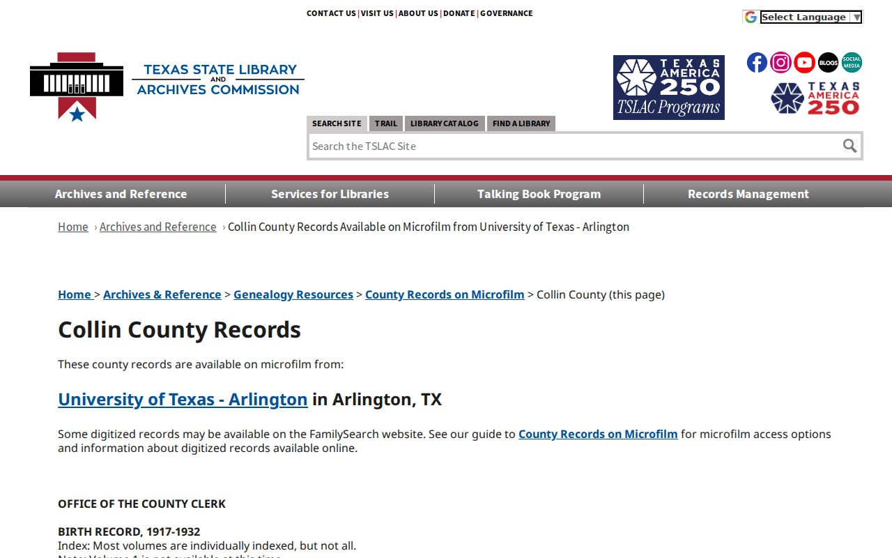 Collin County previous residents Texas State Library microfilm catalogue
