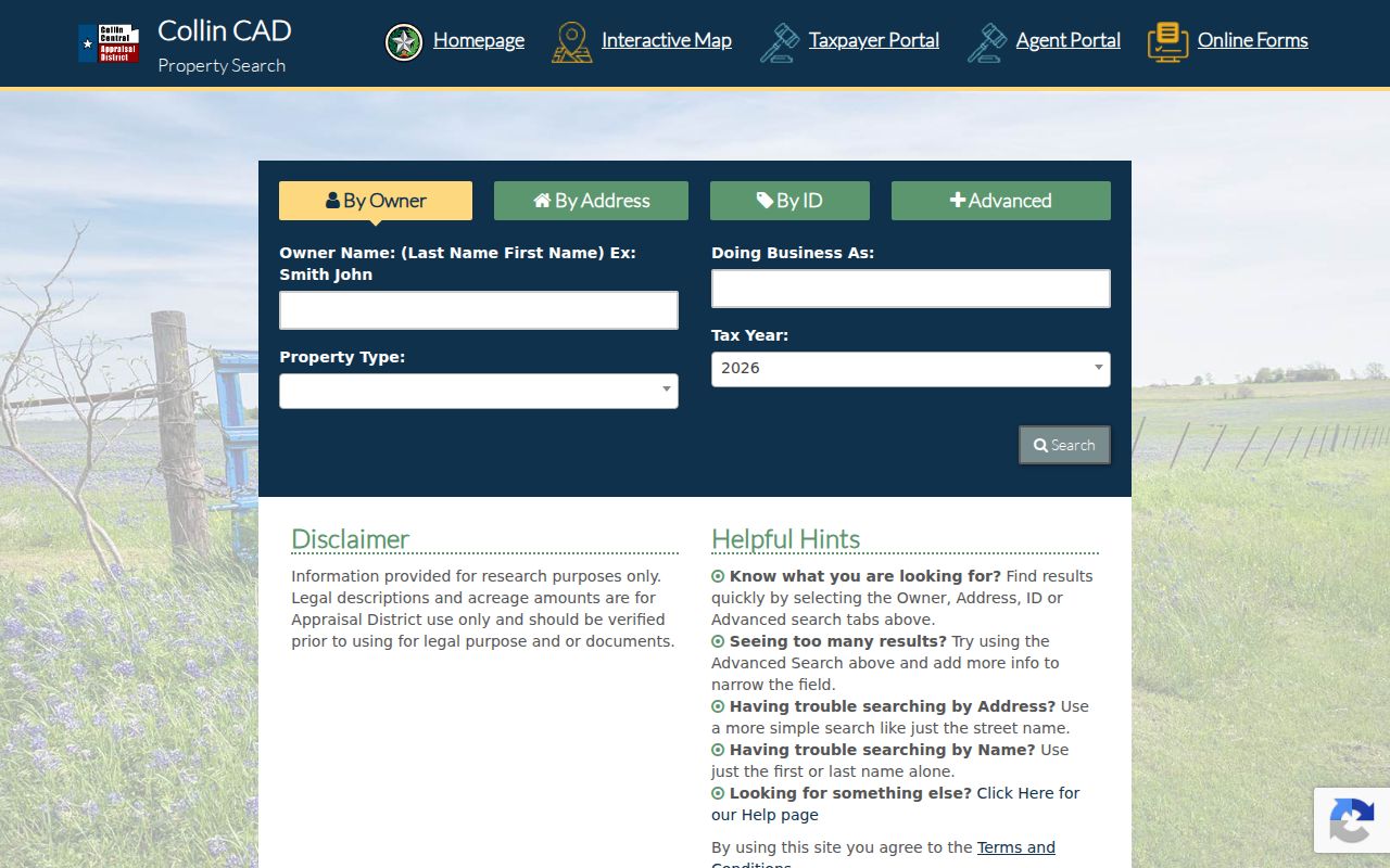 Collin County street directory CCAD property search fields